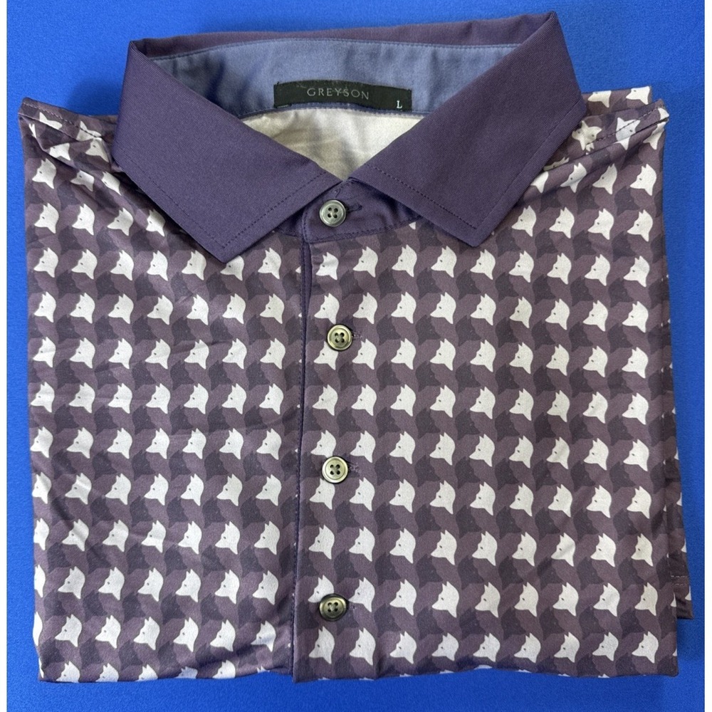 Greyson Golf Shirt Polo Wolf Whisperer Print AOP Mens L Purple‎ Fig Wicking